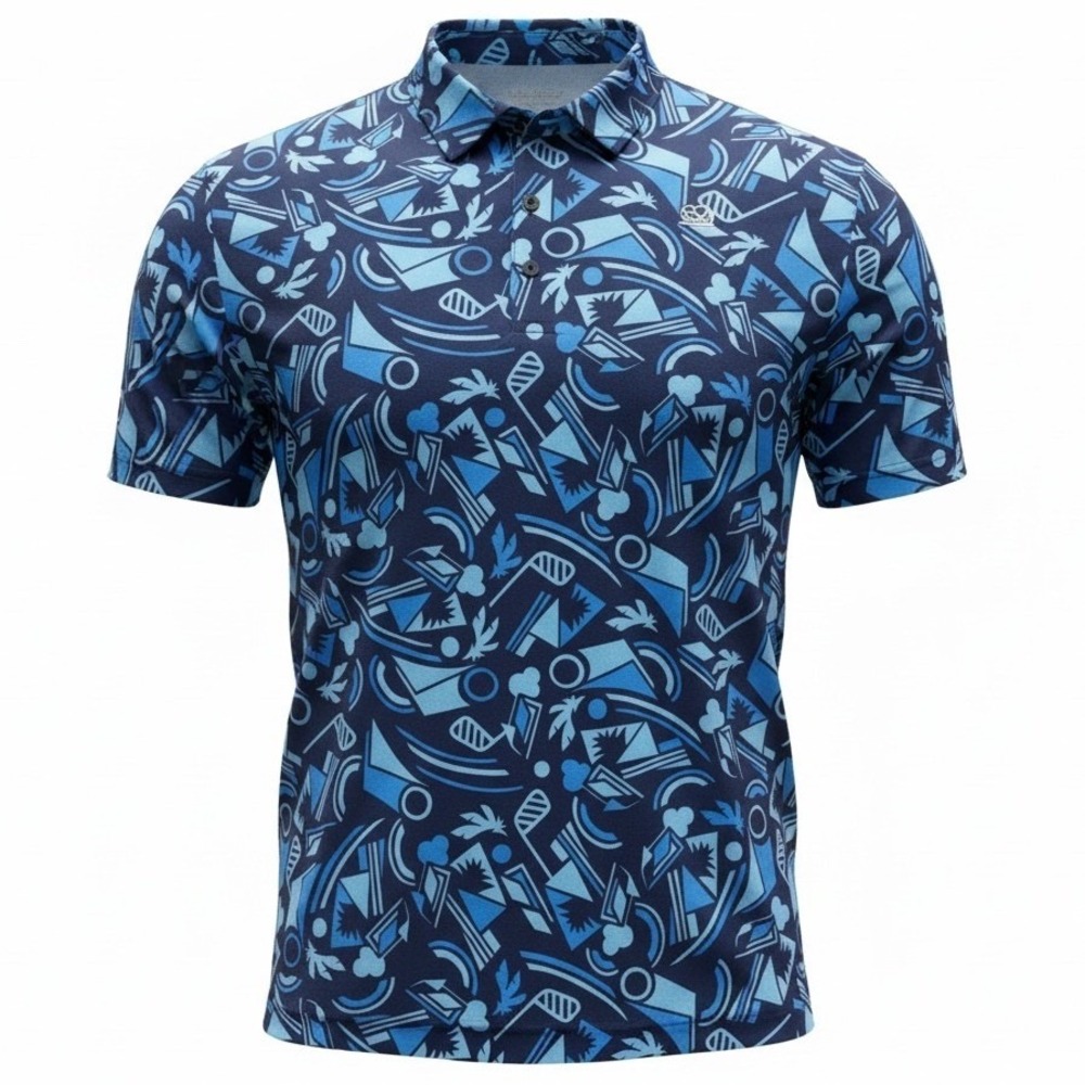 GOOD GOOD GOLF Liberty Polo Shirt Men's 2XL Blue All Over Print Golf Performance